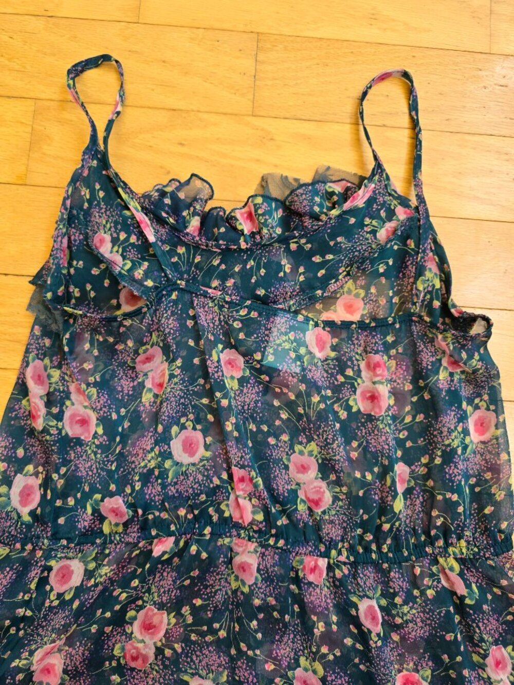vintage Y2K cottagecore teal floral sheer ruffle romantic tank top | WMS S - Picture 11 of 11